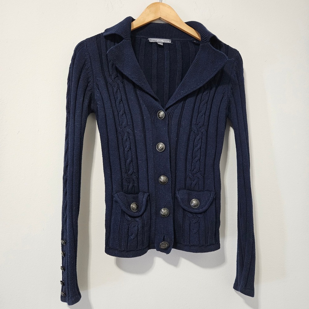 Y2K Twenty One Navy Blue Cable Knit Military Cardigan Sweater Crest Buttons Sm